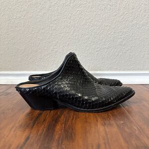 SCHUTZ Embossed Leather "Western" Slip On Heeled Mules Black "Faux Croc"